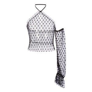 Rodarte Mesh Crop Top Black Sz Small Halter Neck One Shoulder Ruffle Long Sleeve